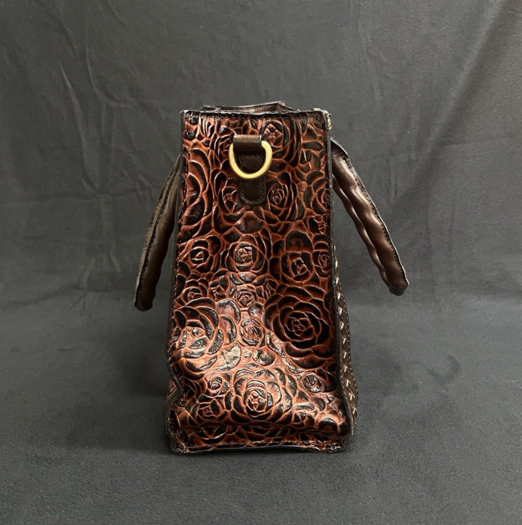 Patricia Nash Tooled Leather Brown Floral Tote Bag w/ Adjustable Strap 11.5"