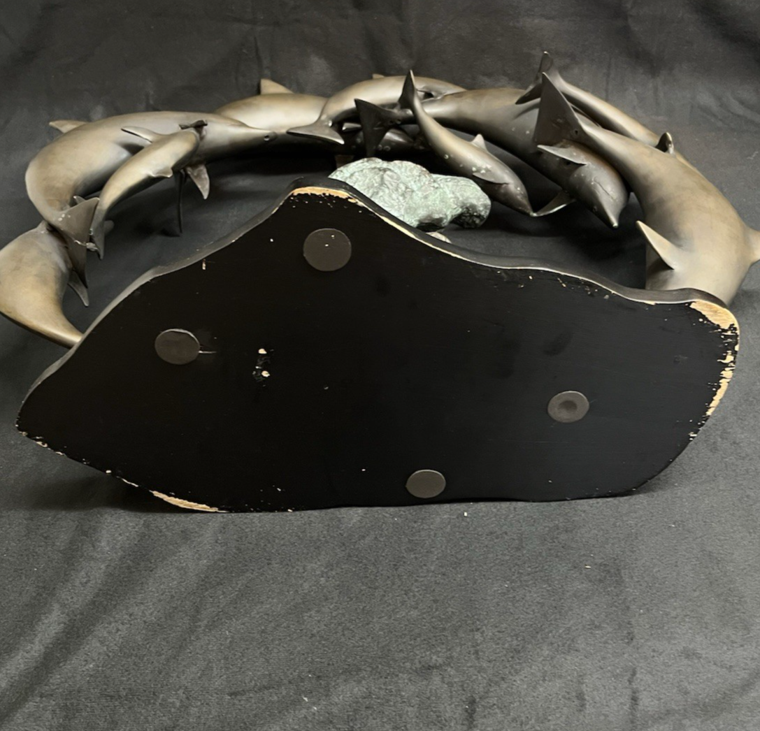 PB6 Bronze School of Dolphins Ocean Scene Statue w/ Wood Base 19"x 23"