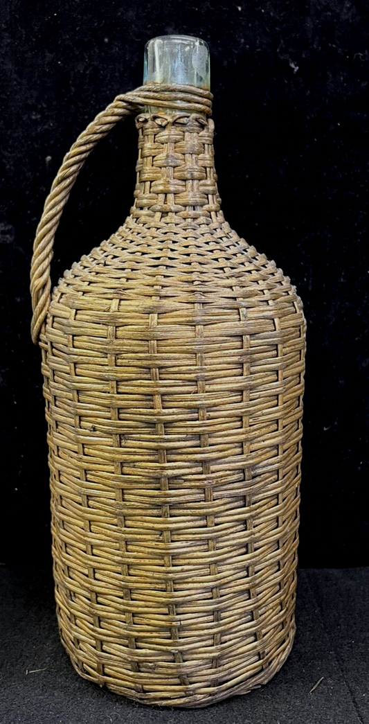 French Glass Woven Wicker Demijohn Bottle Rustic Farmhouse  Wickerware Antique