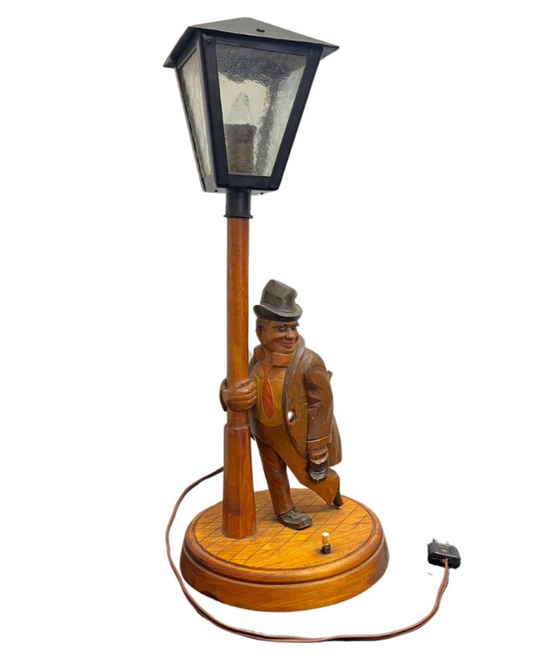 Solid Wood Carved German Table Lamp Karl Griesbaum Hobo Drunk Street