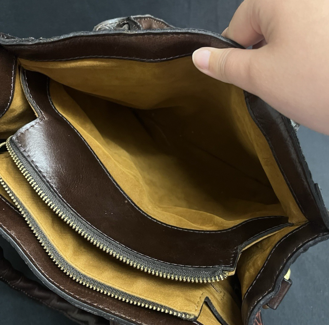 Patricia Nash Tooled Leather Brown Floral Tote Bag w/ Adjustable Strap 11.5"