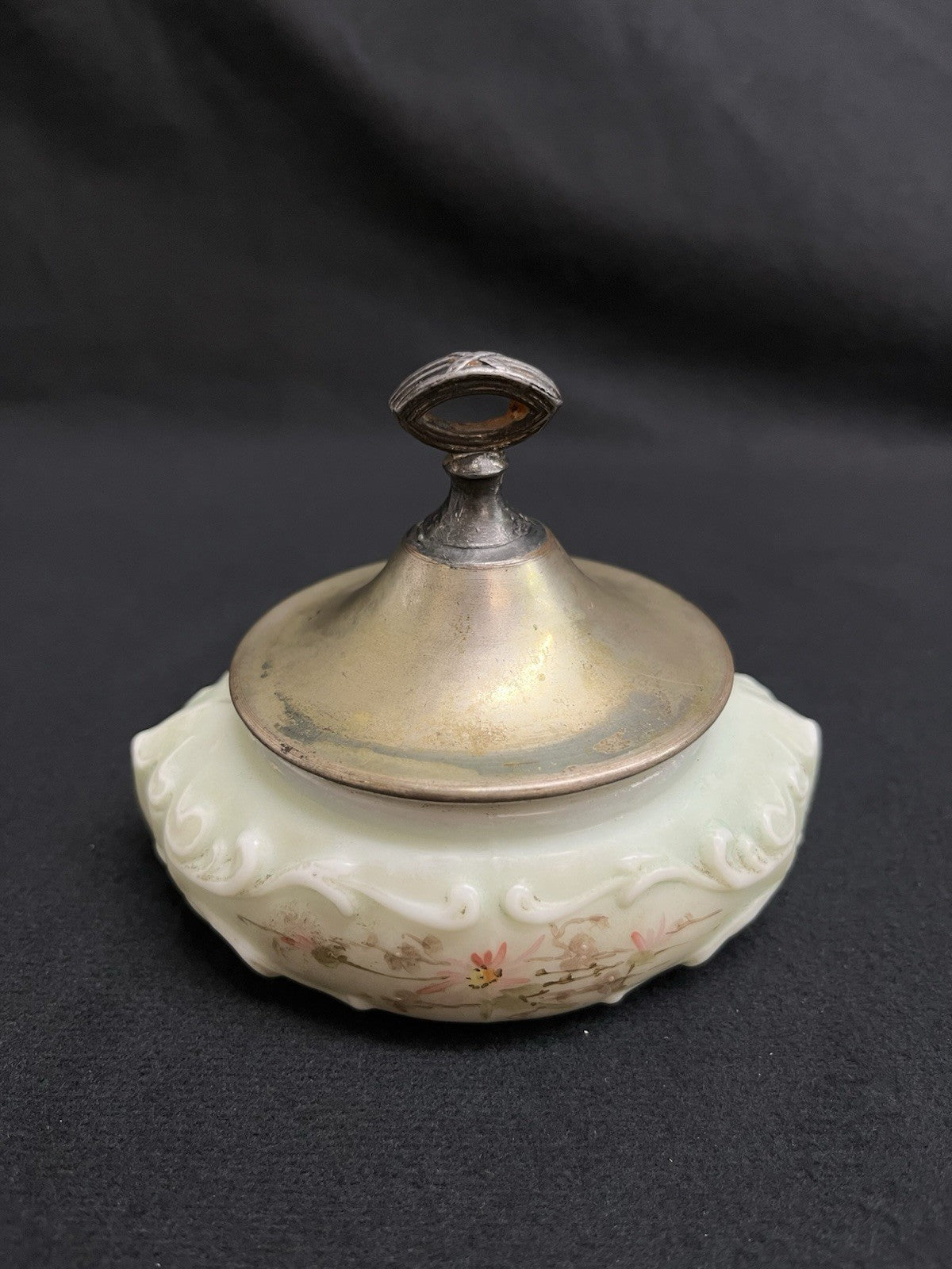 C.F. Monroe Co. Wave Crest Hand Painted Opal Glass Dresser Dish with Lid 4"