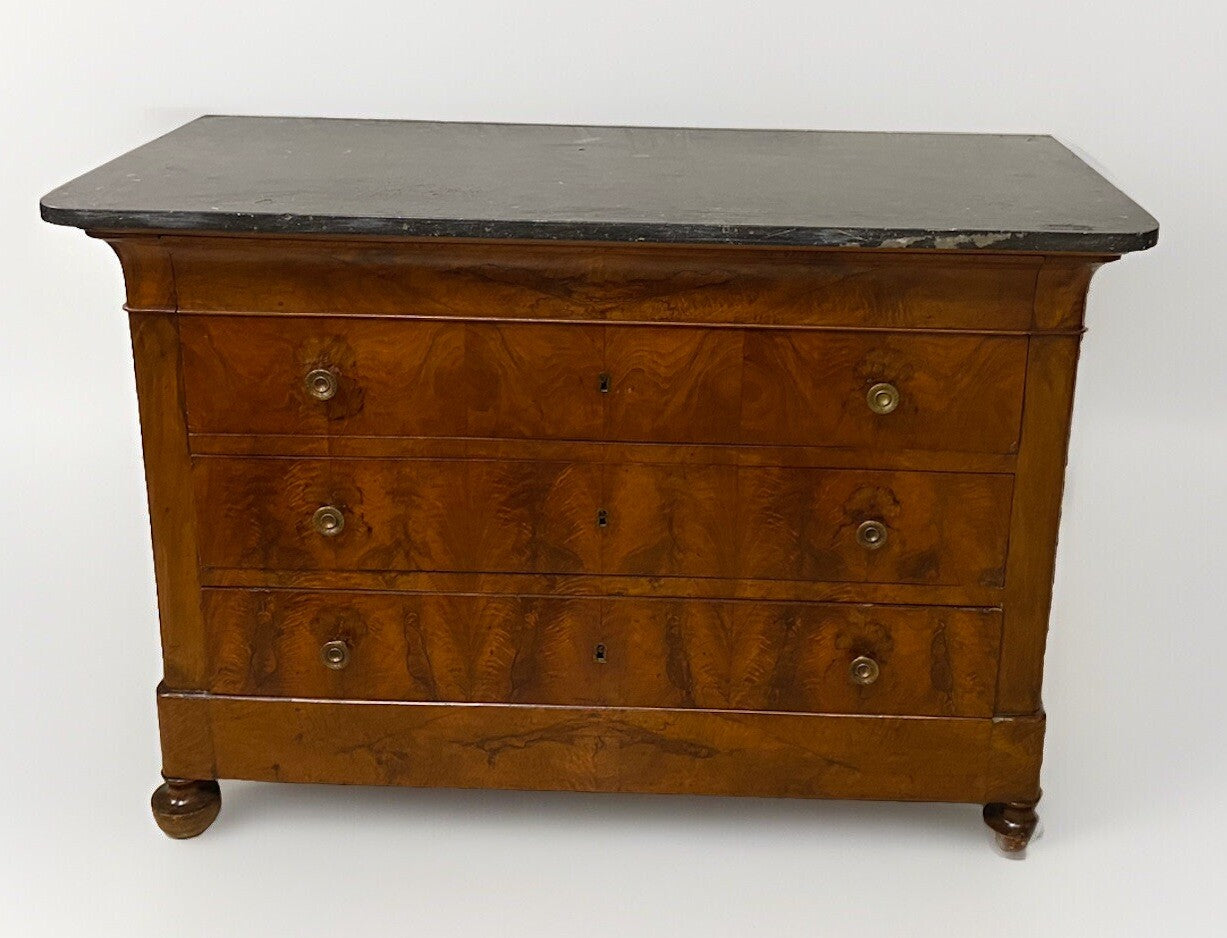 ANTIQUE FRENCH LOUIS PHILIPPE MARBLE-TOP FLAME BURLED MAHOGANY COMMODE CHEST