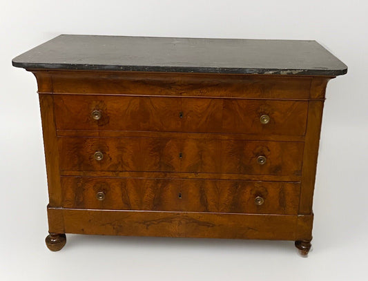 ANTIQUE FRENCH LOUIS PHILIPPE MARBLE-TOP FLAME BURLED MAHOGANY COMMODE CHEST