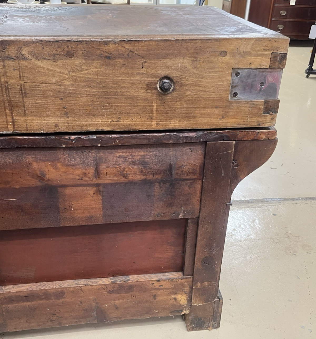ANTIQUE FRENCH CARVED MIXED WOOD BUTCHER'S BLOCK WORK TABLE ISLAND 61" x 21"