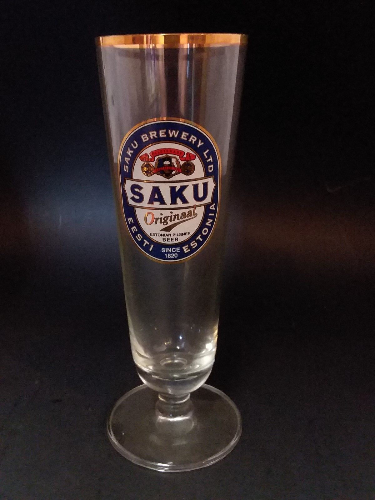 SAKU  Gold Rimmed Pilsner Beer Glass with certificate 7.25''