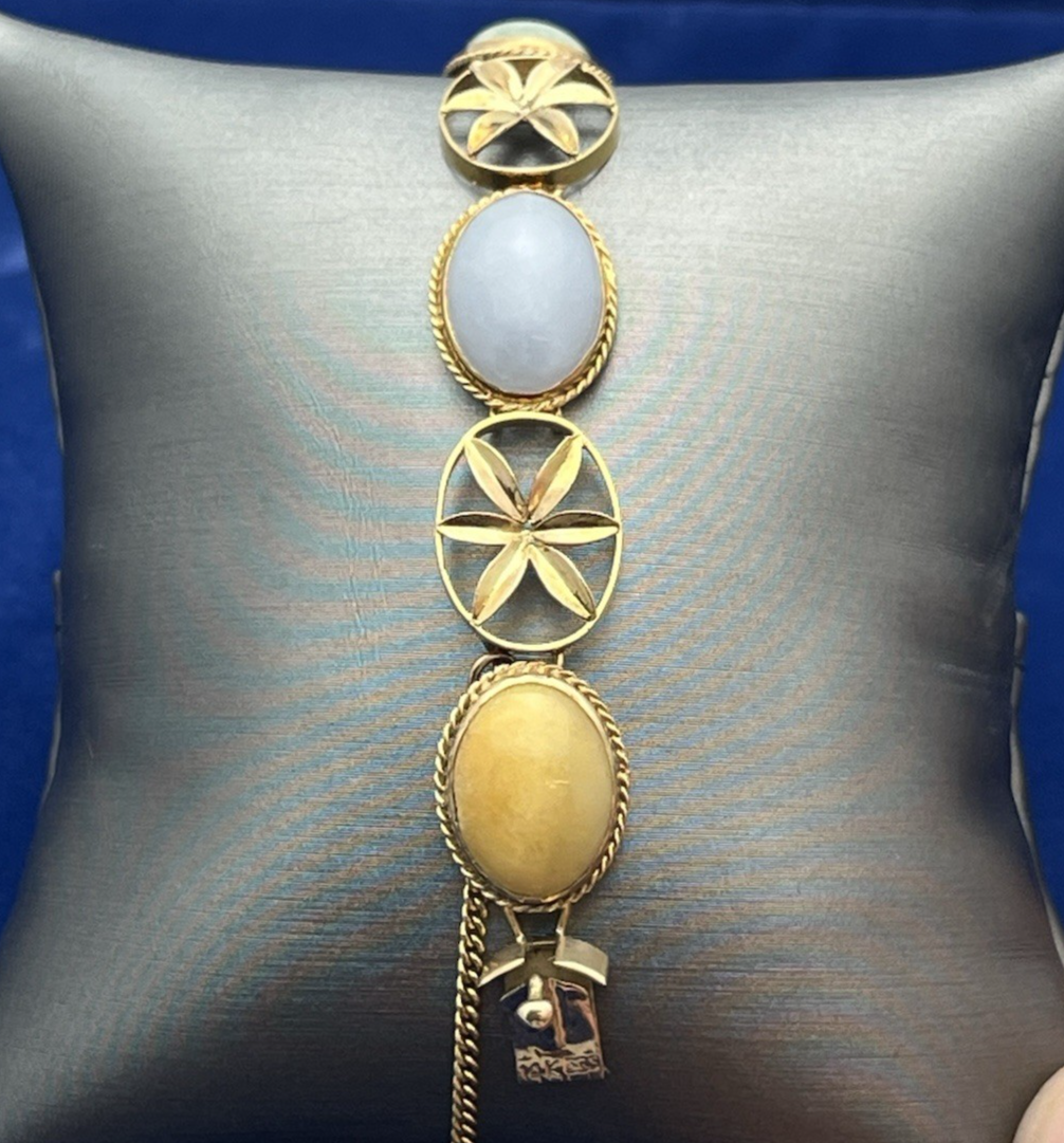 14K Yellow Gold Floral Six Multi Color Oval Cabochon Jade Bracelet 8 in