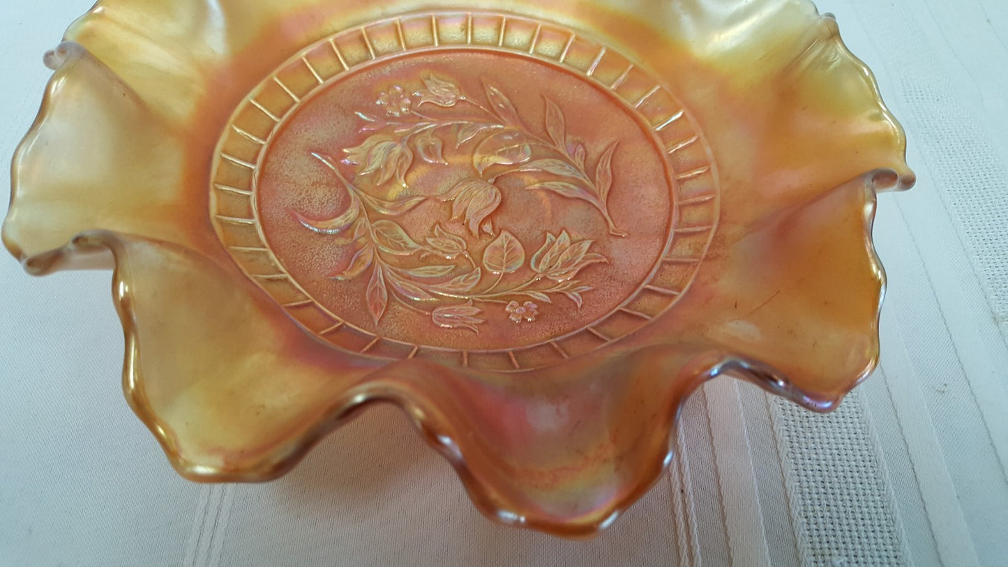 Vintage Dugan Marigold WINDFLOWER Carnival Glass 8 1/2" Ruffled Bowl