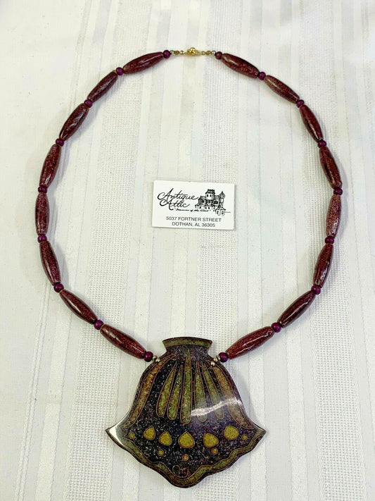 Inlaid Epoxy Green Resin Flower Necklace Beads Real stone burgundy Beads Vintage