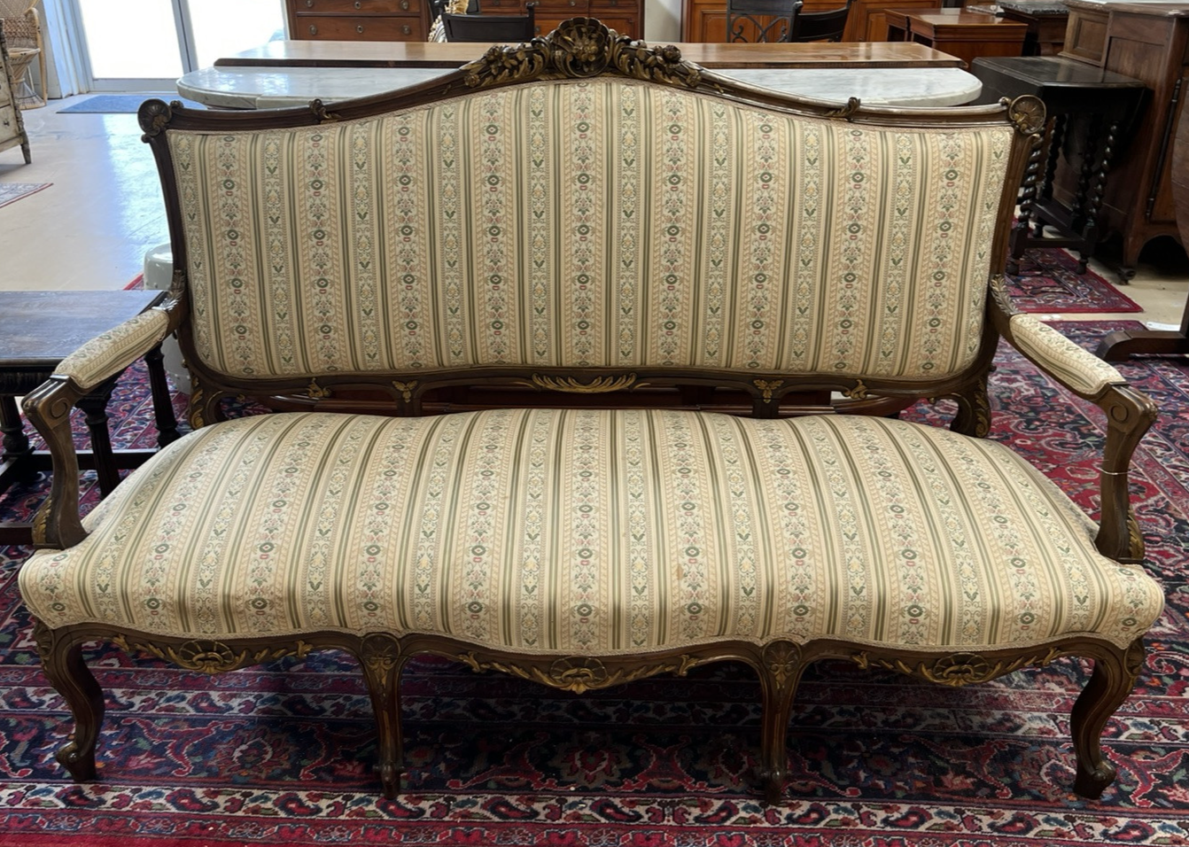 ANTIQUE FRENCH LOUIS XV CARVED & PARCEL-GILT UPHOLSTERED SALON SOFA COUCH SETTEE