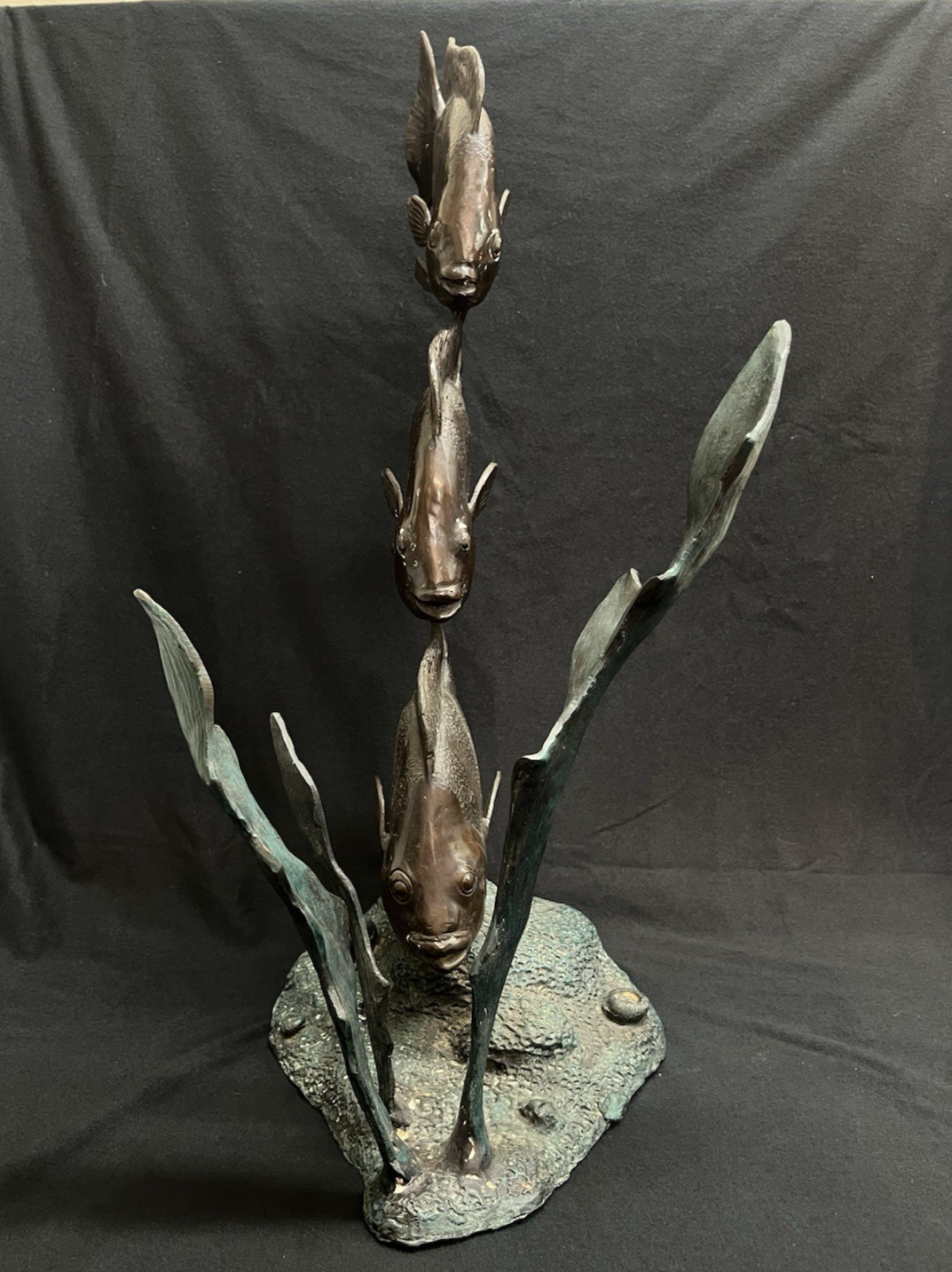 PB14 Bronze Green and Brown Three Angel Fish w/ Seaweed Sculpture/Statue 26.75"
