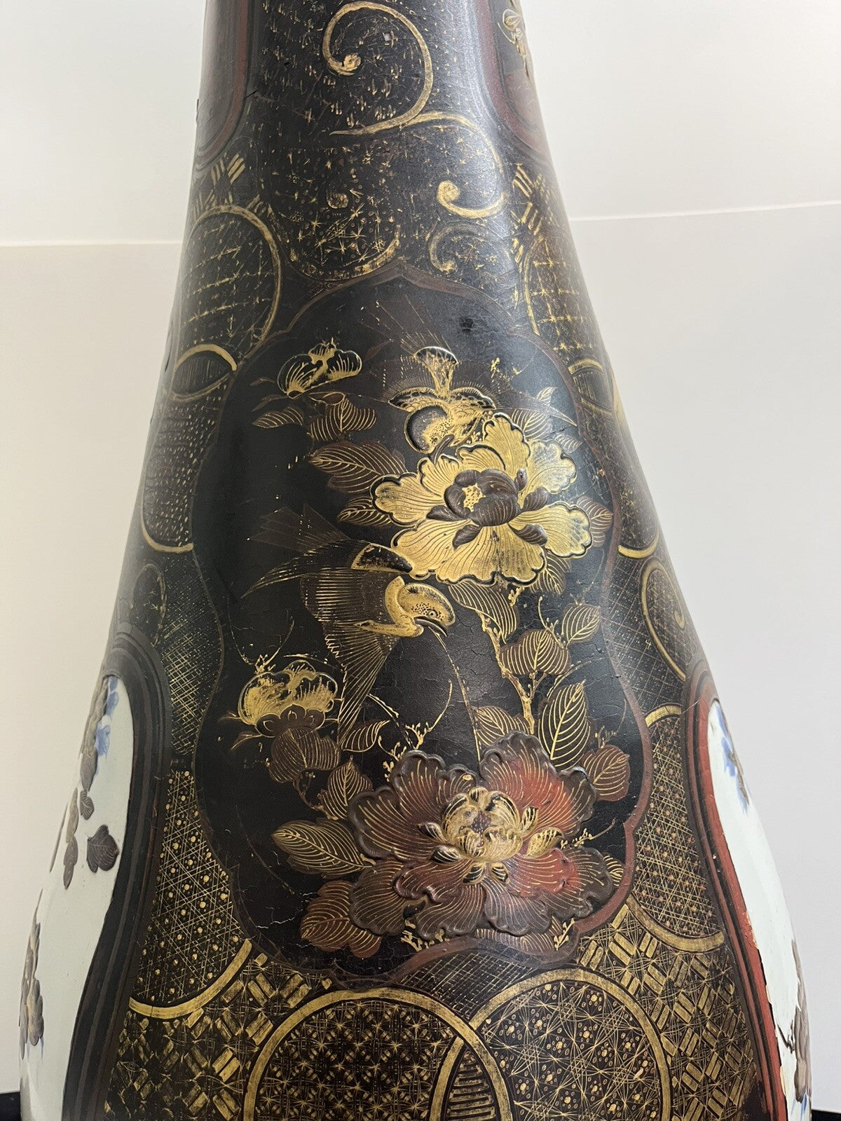 41" IMPRESSIVE MEIJI JAPANESE LACQUER COATED PORCELAIN PALACE VASE  FS1