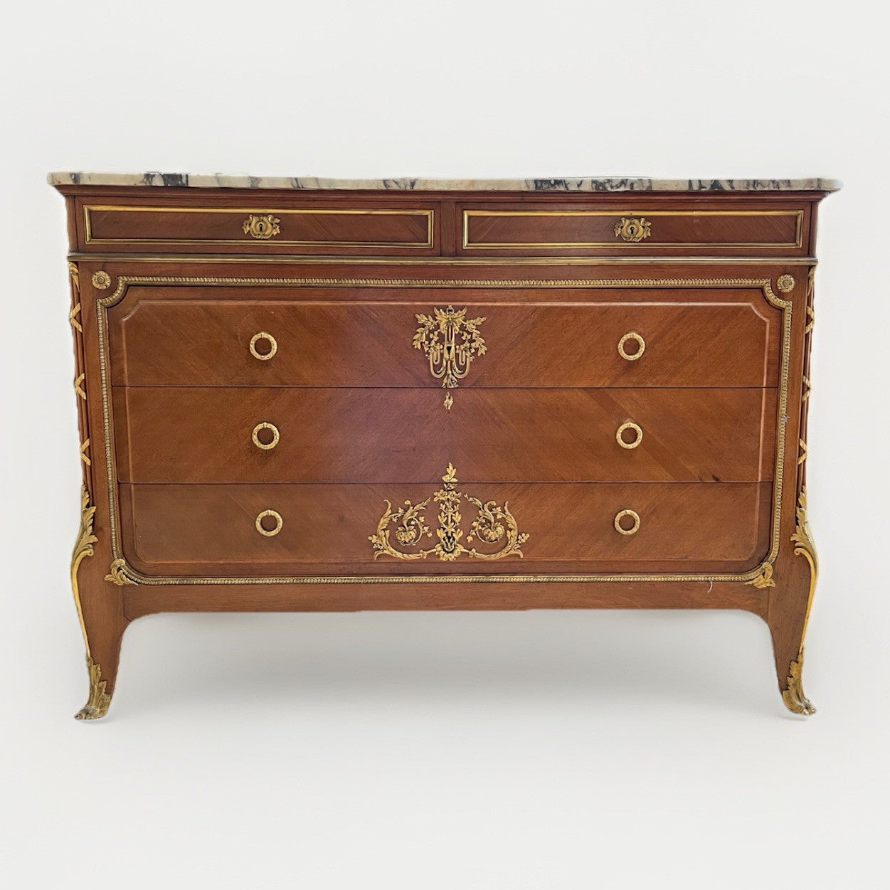 ANTIQUE FRENCH TRANSITIONAL BRONZE ORMOLU MOUNTED WHITE MARBLE-TOP COMMODE CHEST
