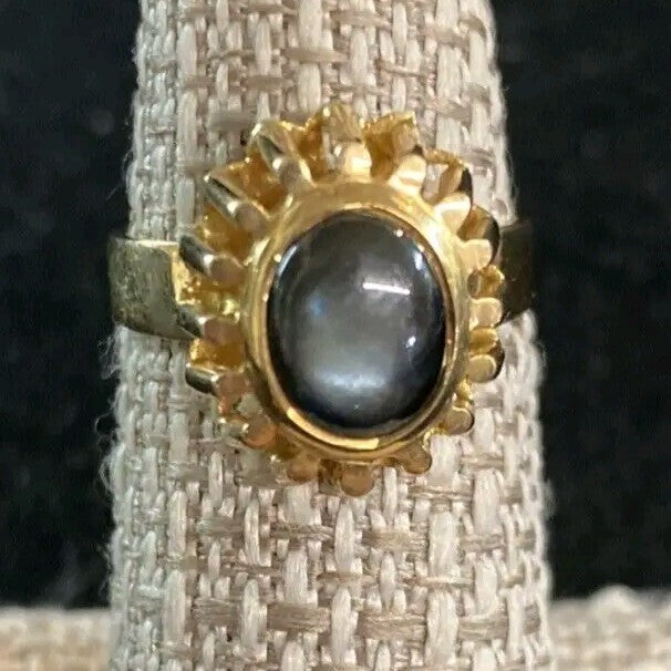Vintage MCM 14k Yellow Gold Ring PMC Natural Black Cat Eye Gem 6.4 G Size 6.5