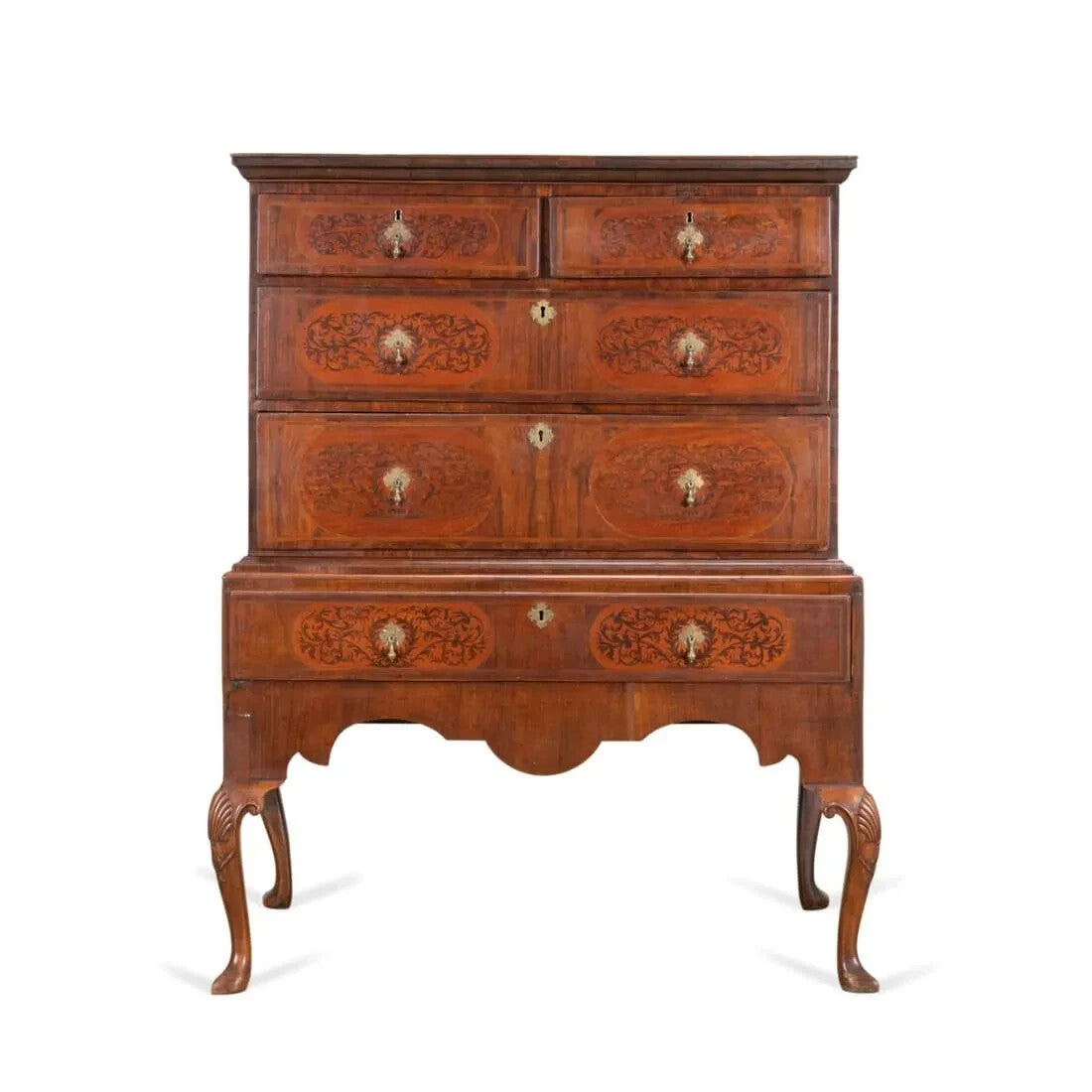 ANTIQUE ENLISH QUEEN ANNE SEAWEED MARQUETRY MAHOGANY CHEST ON STAND