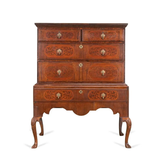 ANTIQUE ENLISH QUEEN ANNE SEAWEED MARQUETRY MAHOGANY CHEST ON STAND