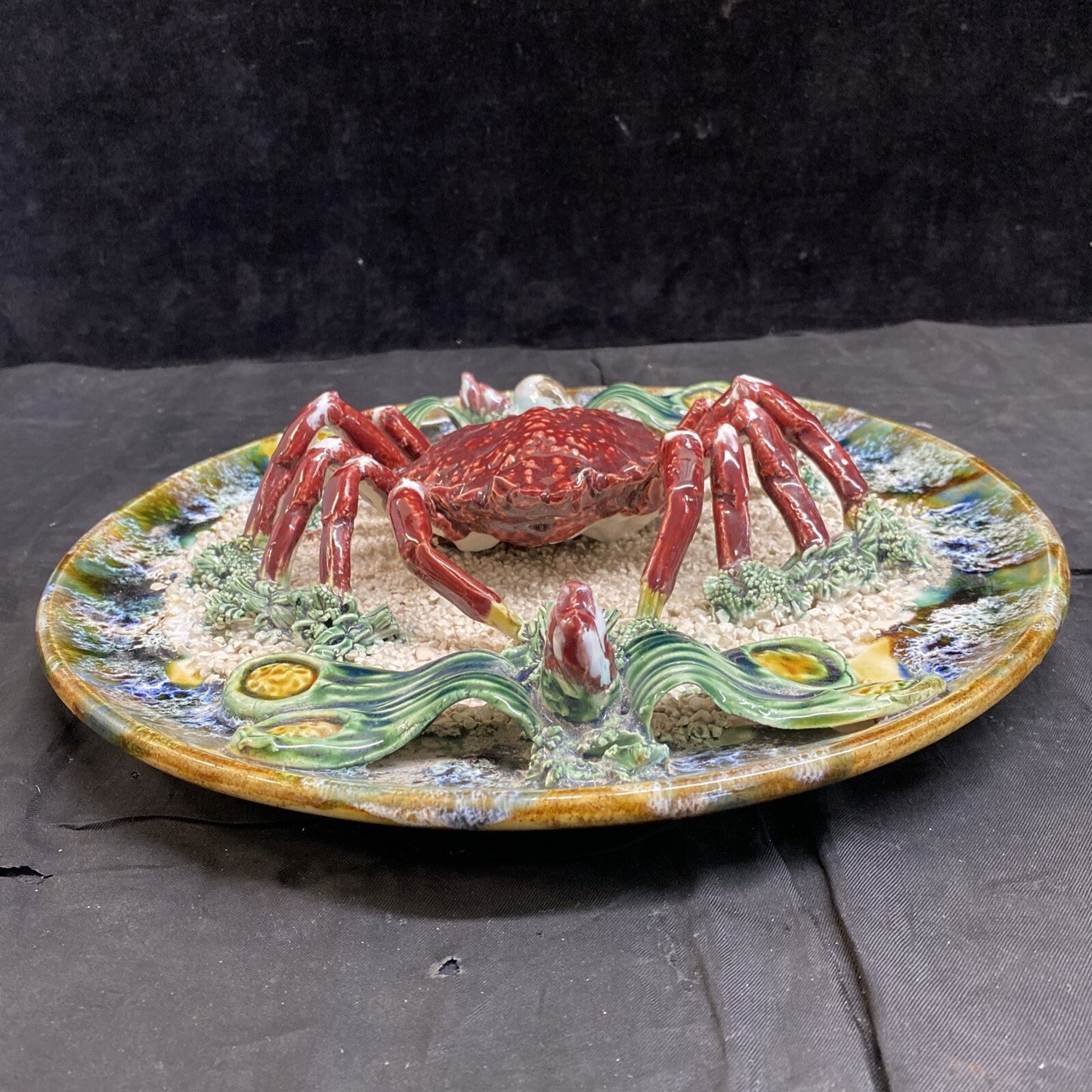 12" Antique Portugal Palissy Majolica Realistic Spider Crab Plate F. Mendes KM9