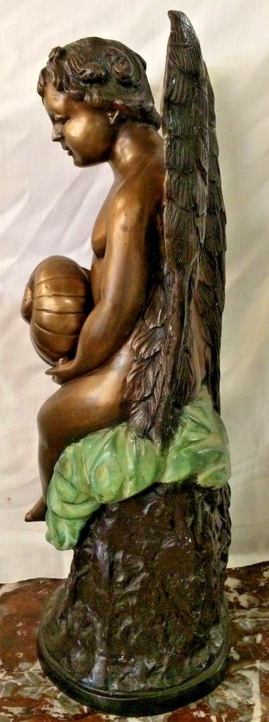 Bronze Cherub w Wings Angel Holding a Conch Shell Tabletop  Fountain H 27"