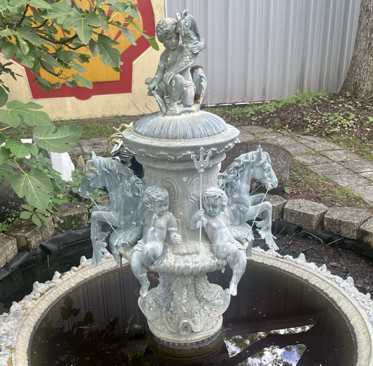 Antique Bronze Ornate Cupids and Horses Water Fountain 57" x 32" NO BASIN PB21