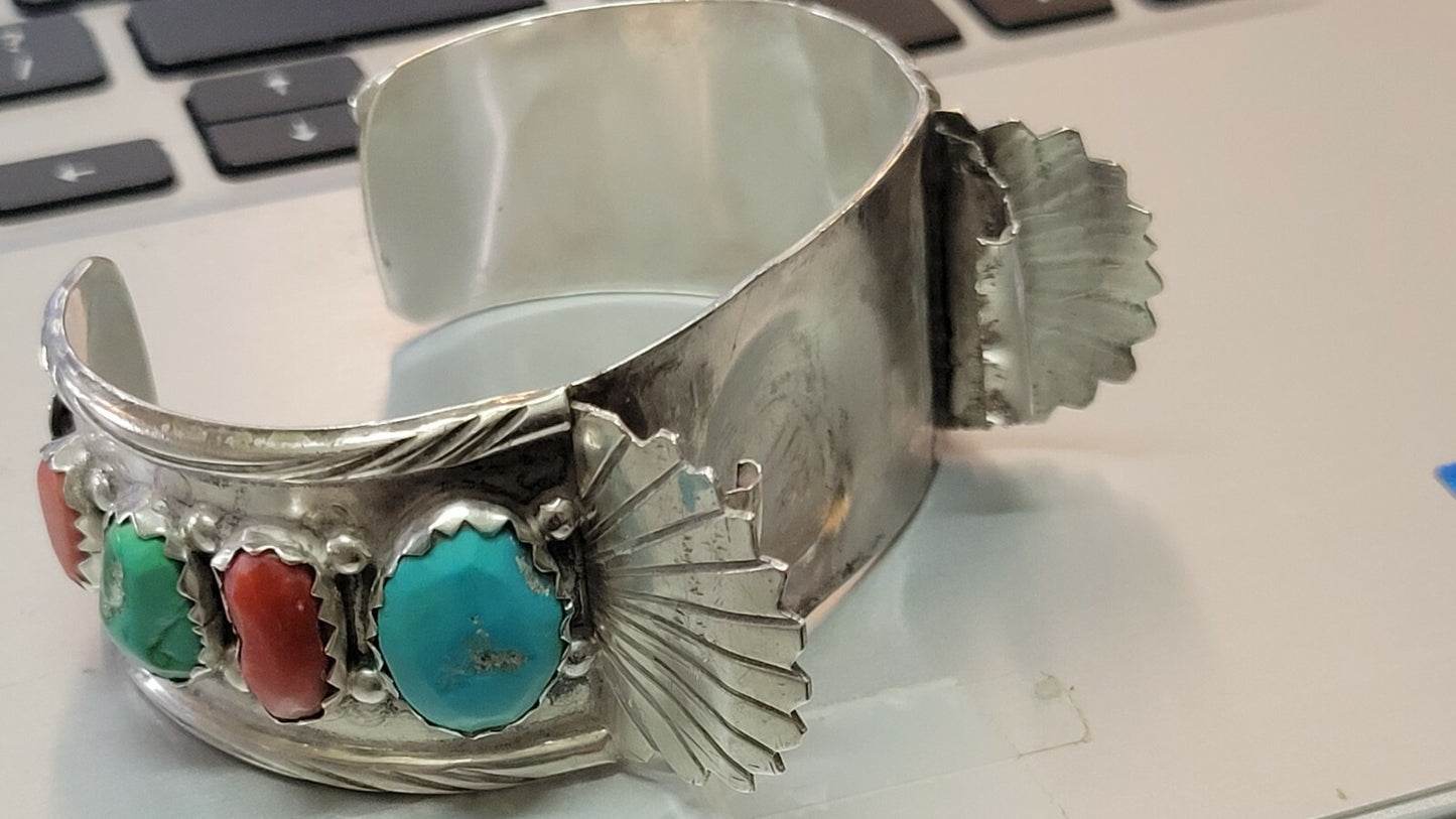 Sterling Silver Turquoise & Coral Watch Cuff by Zuni Artist Marvelyne Cheama 56g