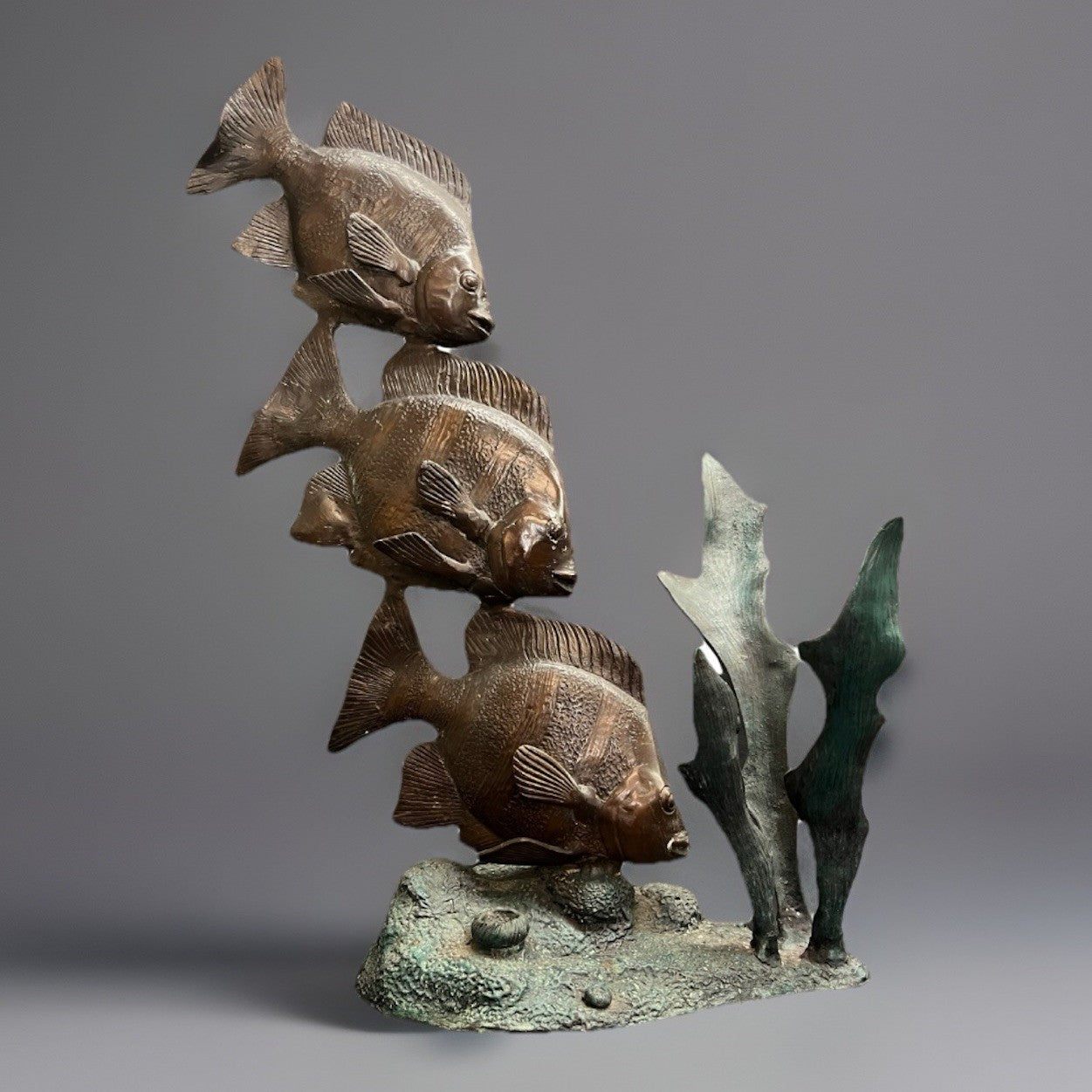 PB14 Bronze Green and Brown Three Angel Fish w/ Seaweed Sculpture/Statue 26.75"