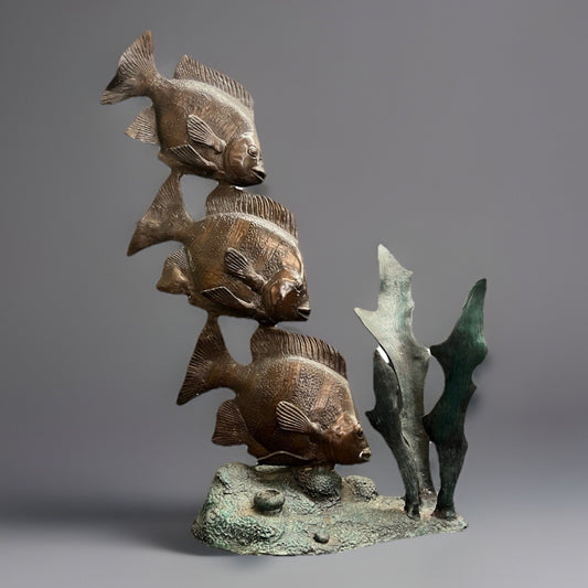 PB14 Bronze Green and Brown Three Angel Fish w/ Seaweed Sculpture/Statue 26.75"