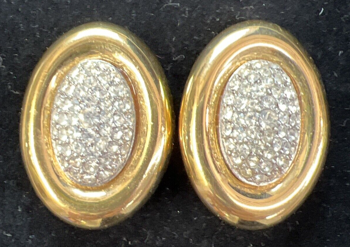 Vtg Signed GIVENCHY Paris NY Swarovski Crystals Gold Tone  Dome Clip On Earrings