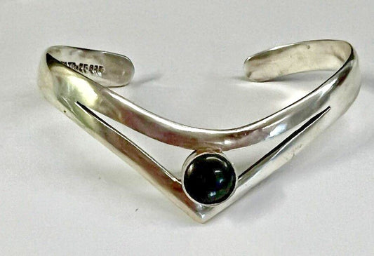 Vintage Sterling Mexico Cuff Bracelet w Onyx TP-25 Modernist Taxco