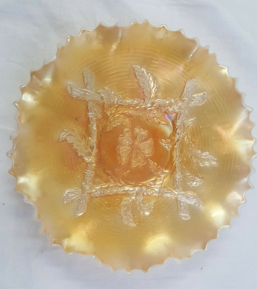 Antique Vintage Apple Blossom Twigs Marigold Carnival Glass Dugan Plate 1900s