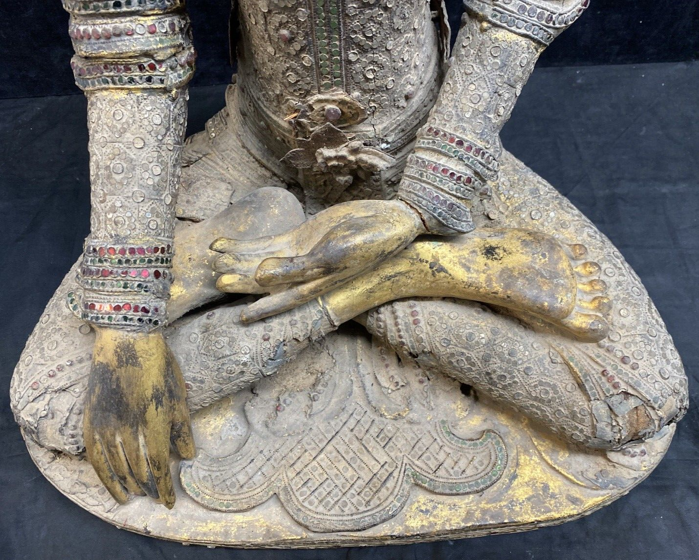 Thai Gilt Wood Seated Buddha Statue w/ Leather & Jewel Adornment