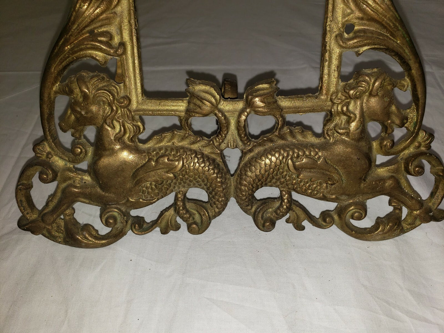 Antique Gilt Cast Iron Picture Frame  Cherubs Sea Horses Tabletop w Leg H 13"