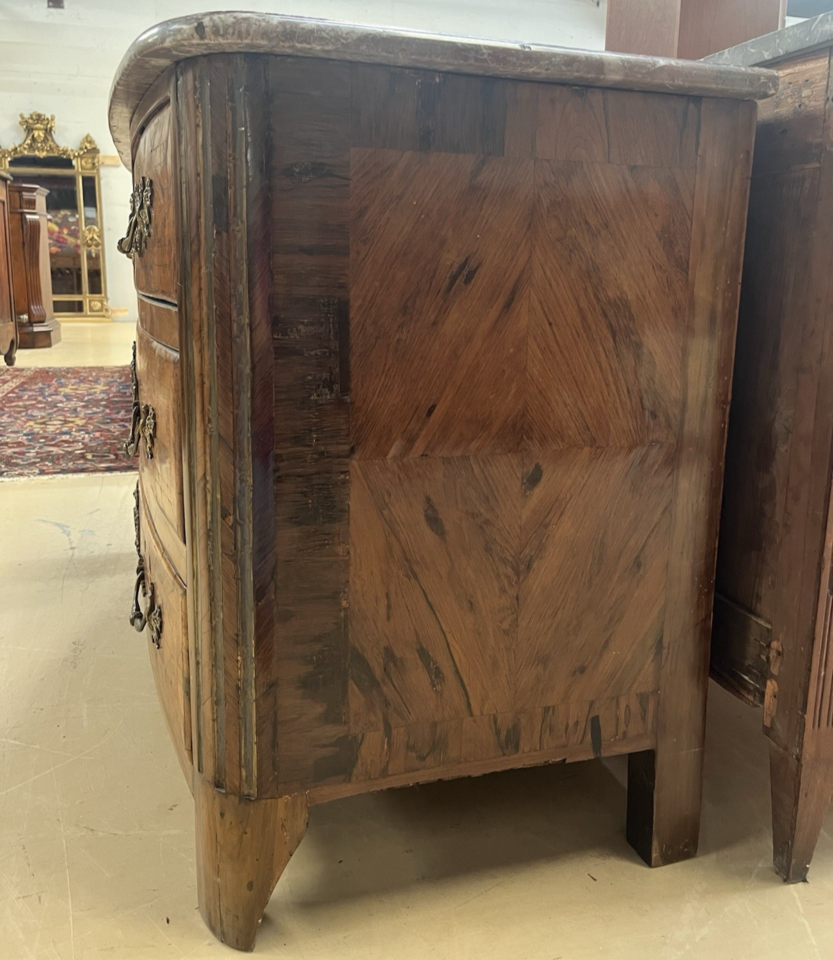 ANTIQUE FRENCH LOUIS XIV MARBLE-TOP BURLED WOOD COMMODE CHEST OF DRAWERS 19th C