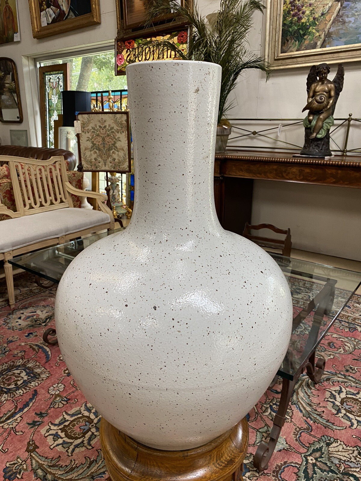 PAIR OF CHINESE SALT-GLAZED PORCELAIN VASES ON FRENCH OAK WOOD STANDS 51" HIGH