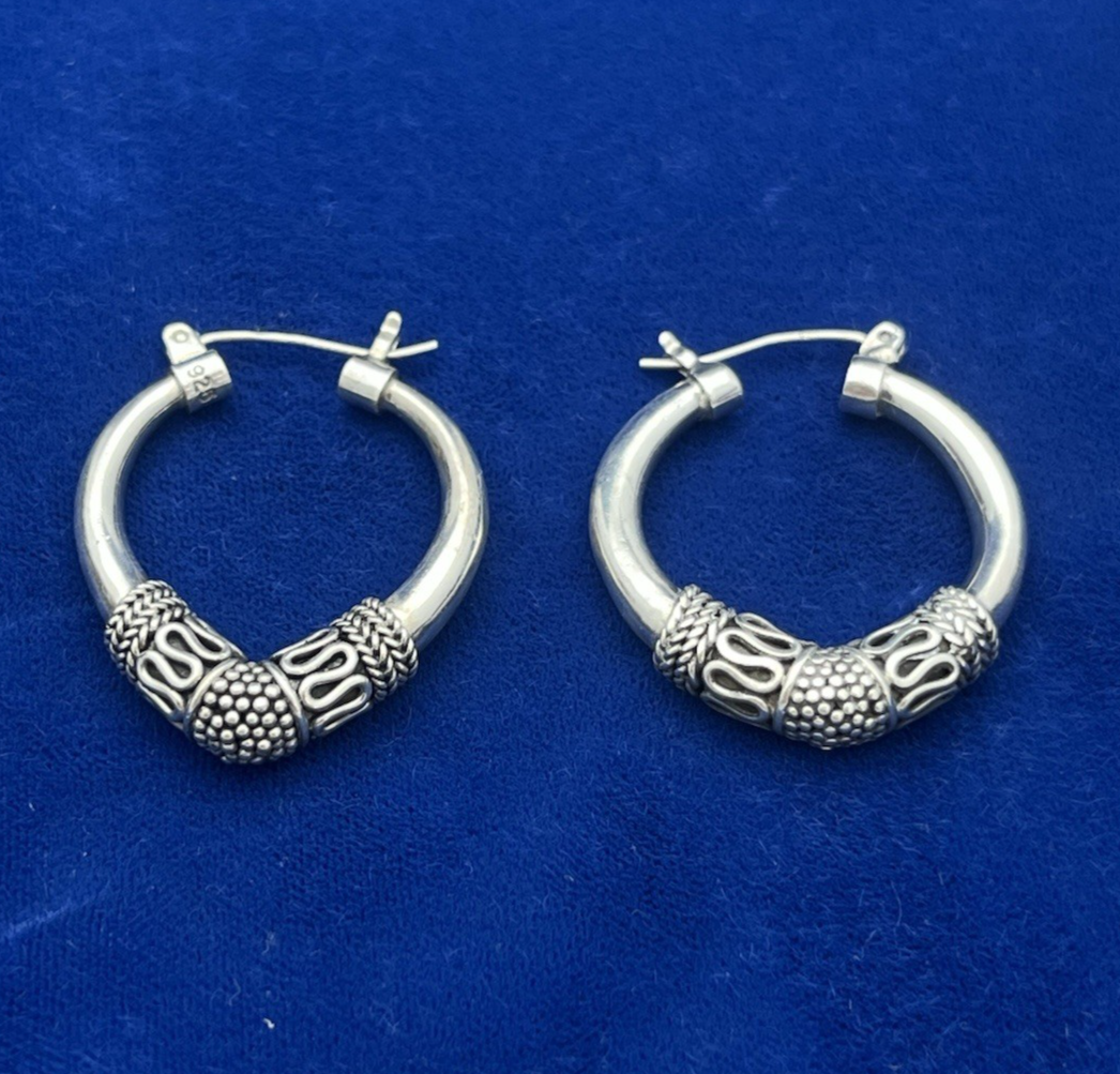 Vintage BA Suarti Bali Sterling Silver Textured Hoop Earrings