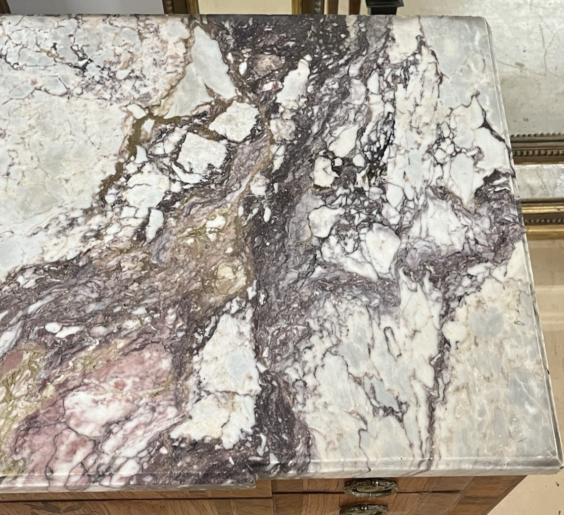 ANTIQUE FRENCH LOUIS XVI MARBLE-TOP INLAID MARQUETRY COMMODE CHEST OF DRAWERS