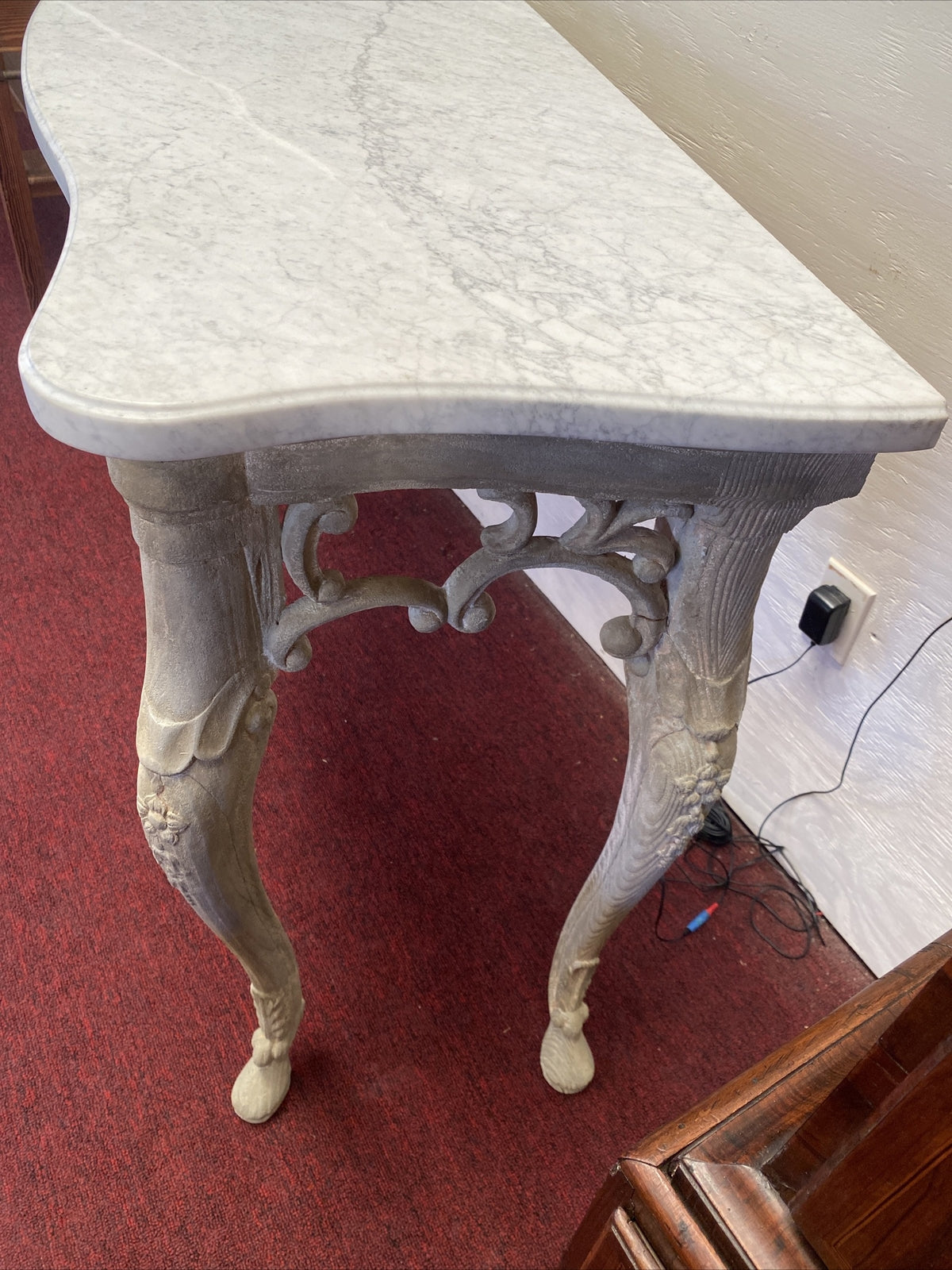 Antique Italian Pierced & White Washed Console Table w/ Marble Top