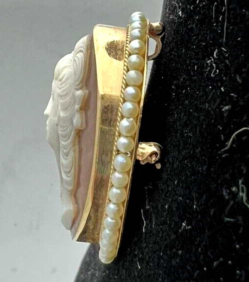 Victorian Shell Cameo Pendant Brooch 14K seed Pearls Full Face 1800's