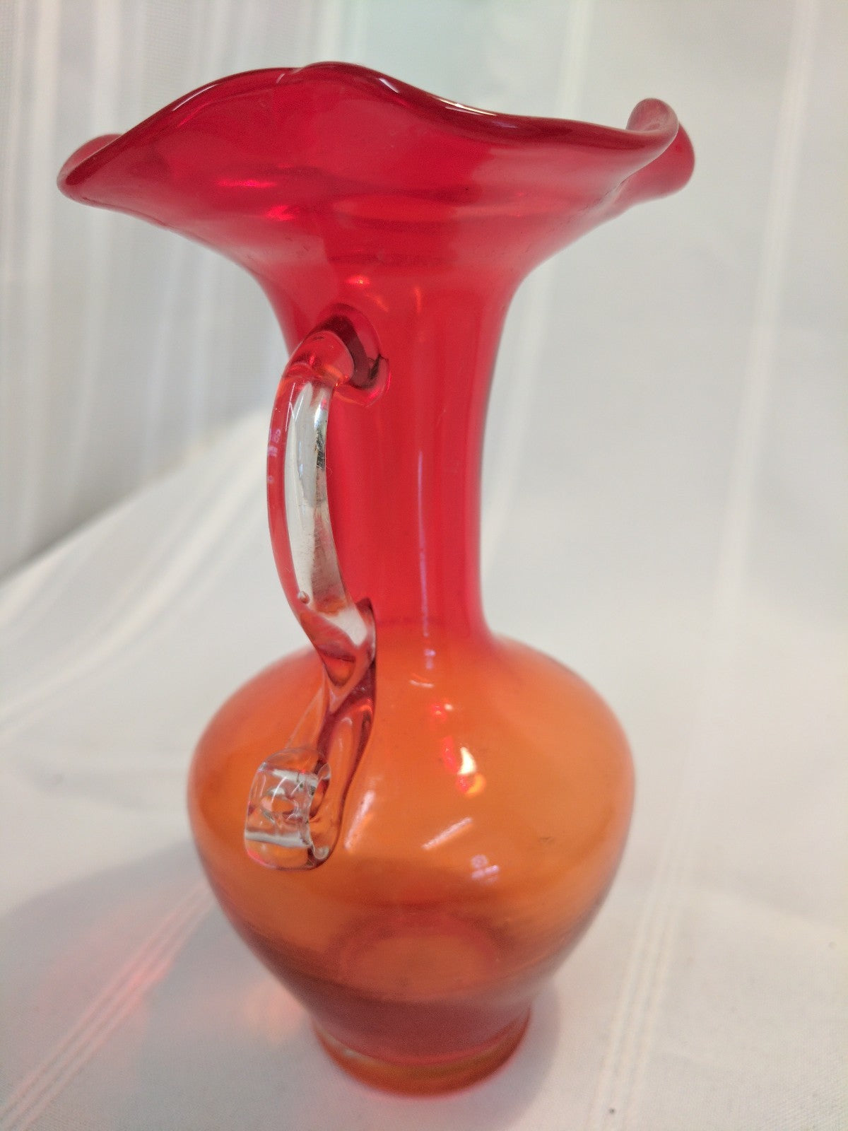 Vintage Hand Blown Art Glass Tangerine/ Amberina Pitcher w Handle Ruffled Top