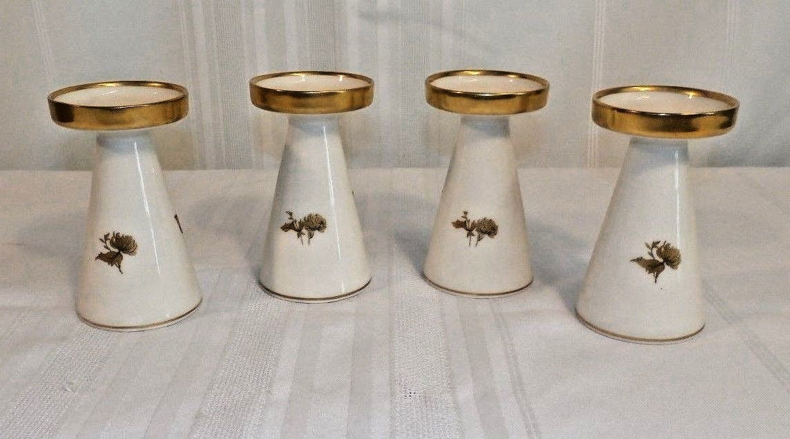 LINDNER KUEPS BAVARIA Chrysantheme Set of 4 Single Candlesticks Ivory & Gold