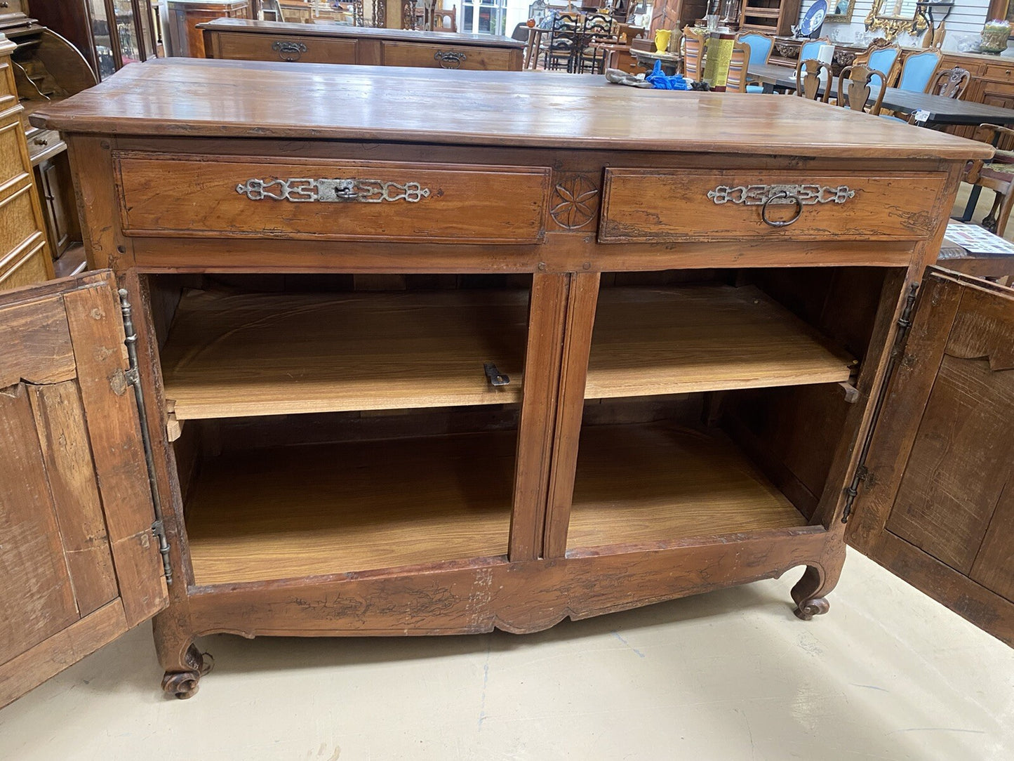 Antique French Farmhouse Louis XV Carved Cherry Chest Sideboard Commode 19C A6