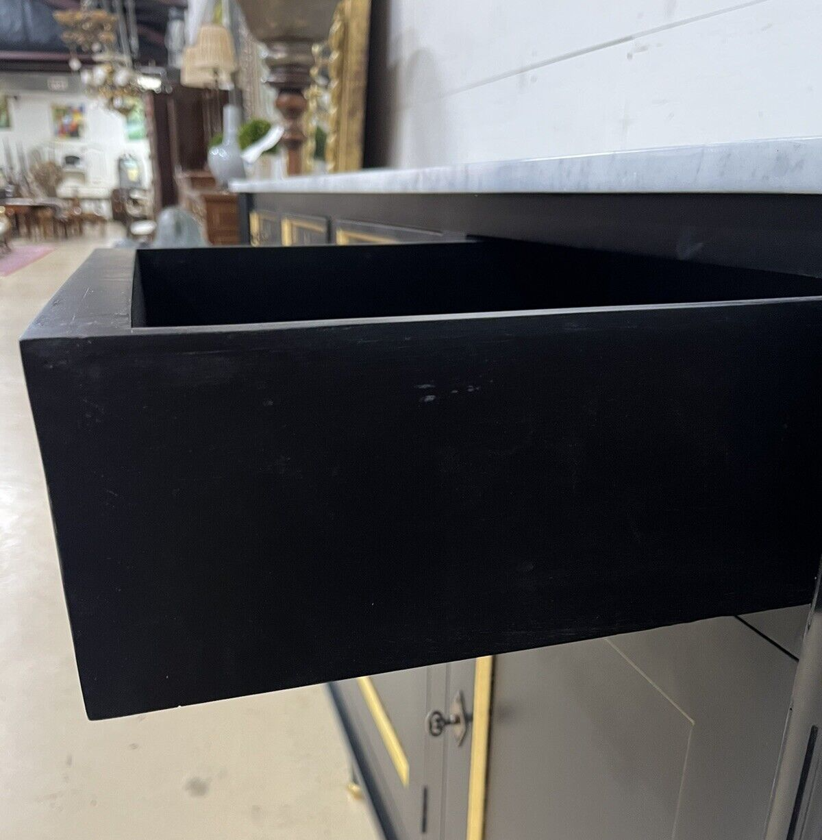 French Louis XVI Marble Top Black & Gold Cabinet Sideboard Cabinet Enfilade