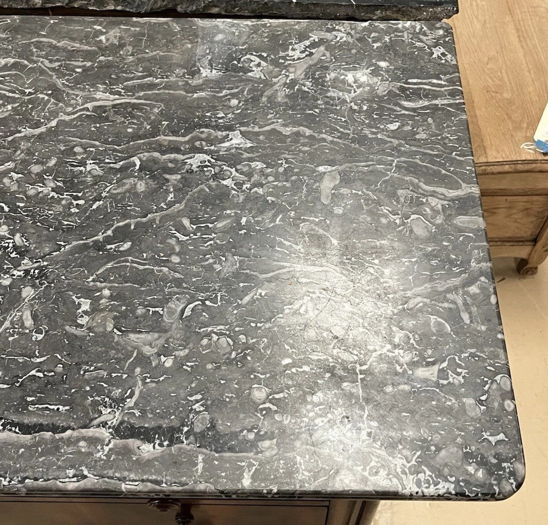 ANTIQUE FRENCH LOUIS PHILIPPE MARBLE-TOP BURLED MAHOGANY CHEST COMMODE