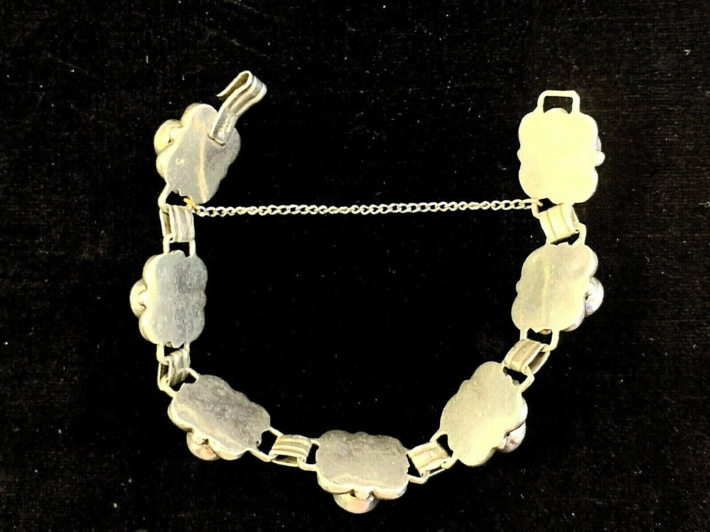 Vtg Taxco Signed Sterling Silver & Onyx 7 Link Bracelet  7 1/2" w Safety Chain