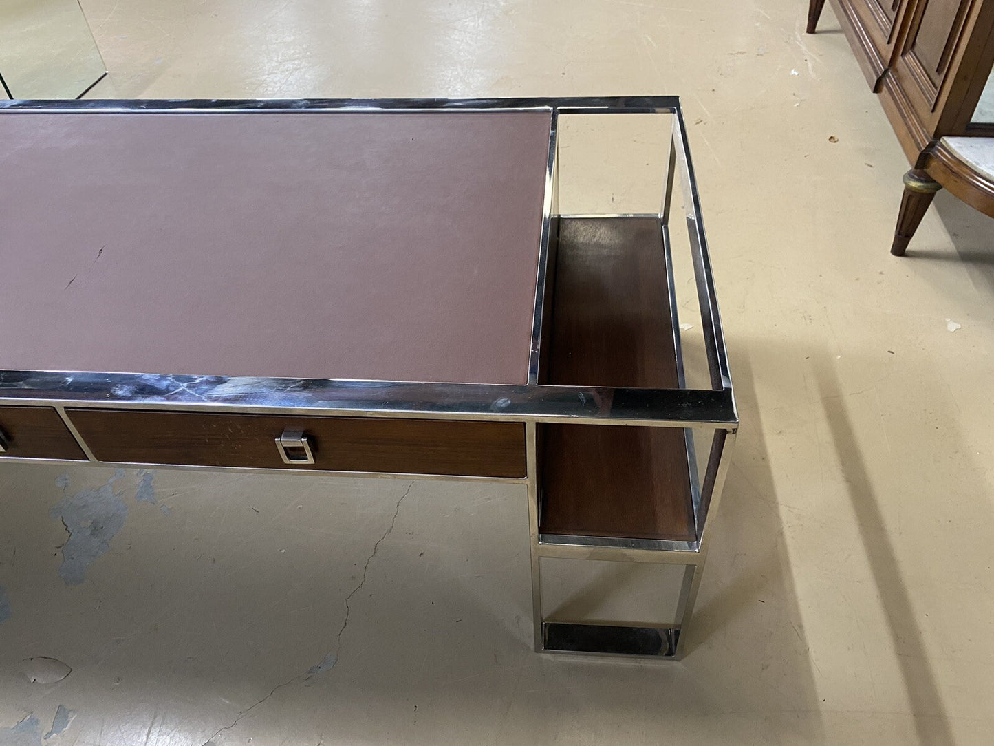 FRENCH MODERN CHROME & LEATHER COFFEE TABLE