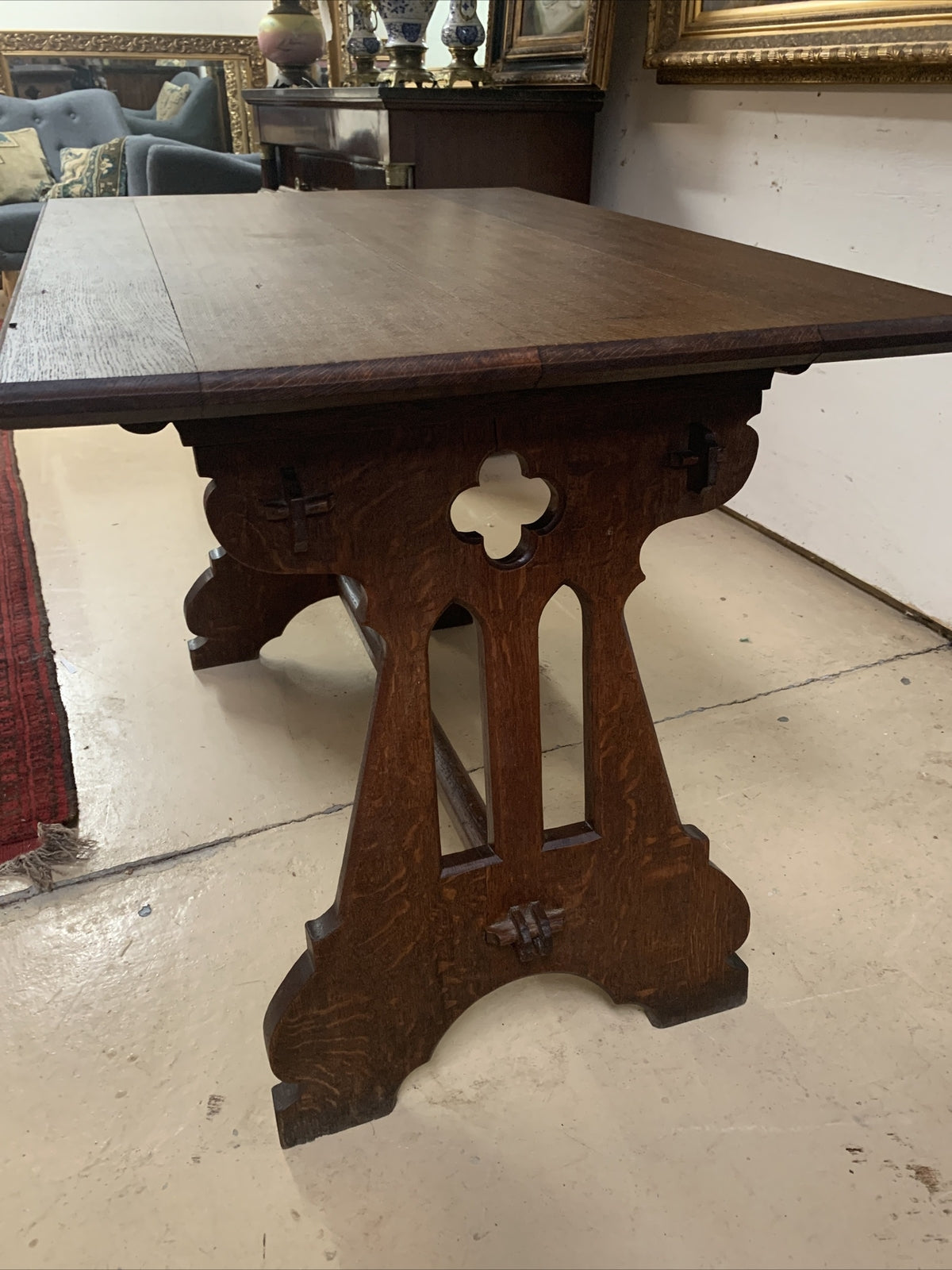 Antique French Solid Oak Gothic Ogee Writing Desk Table Bureau Plat Trestle