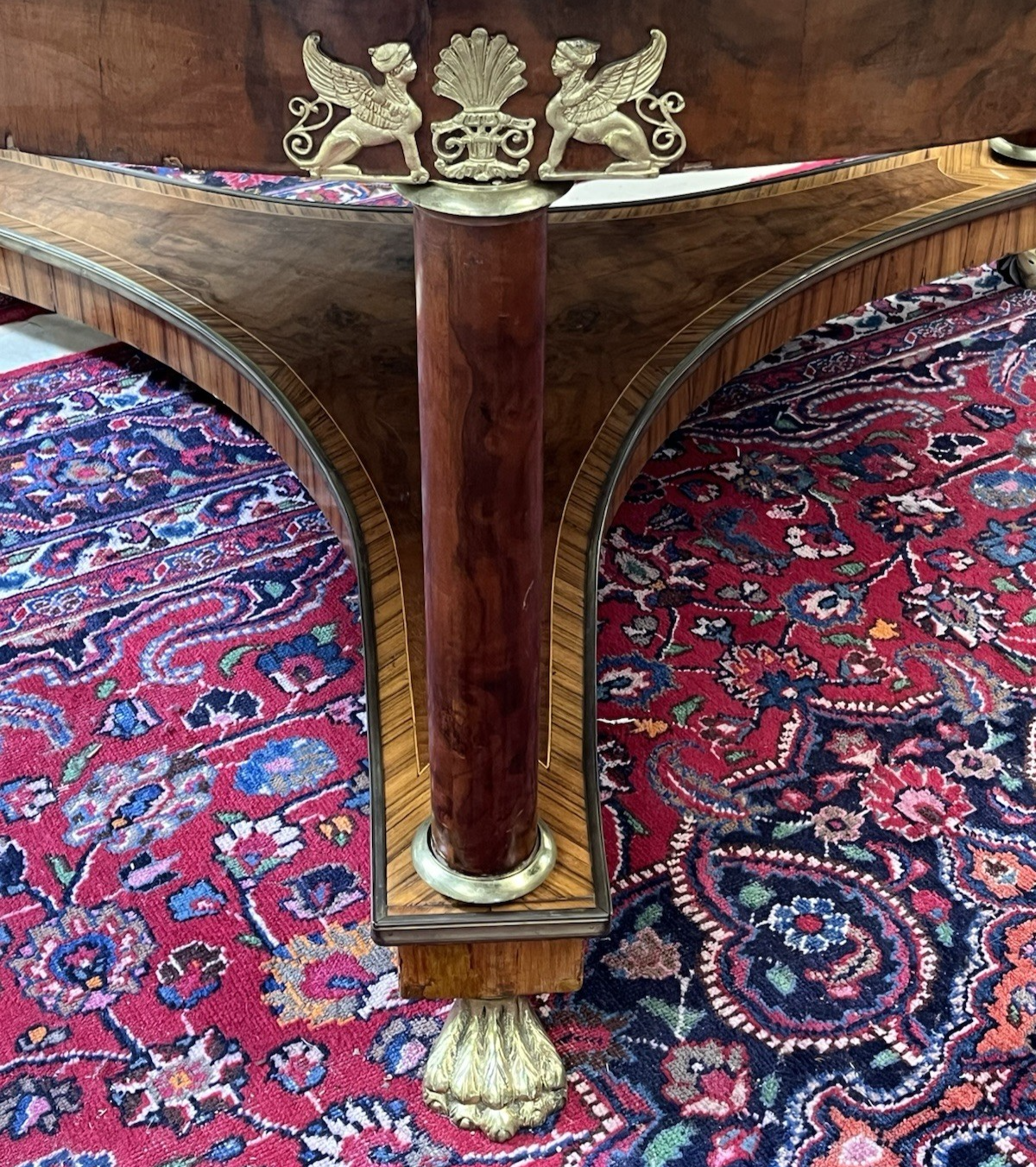 66" LARGE ROUND EMPIRE STYLE FIGURED BURL WALNUT CENTER ENTRYWAY TABLE