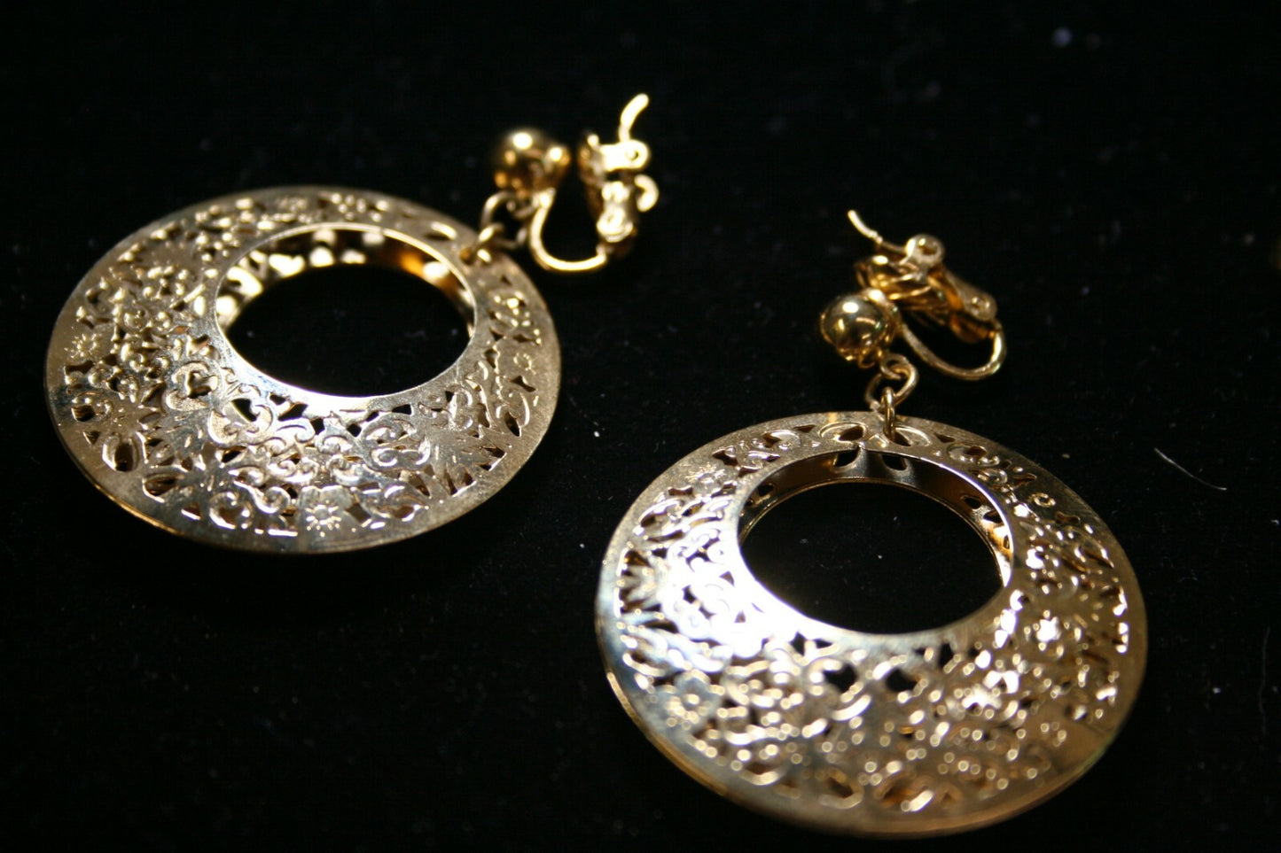 Two Pair  Vintage Trifari Gold Plated Clip Earrings Filigree Hoop & Dangles