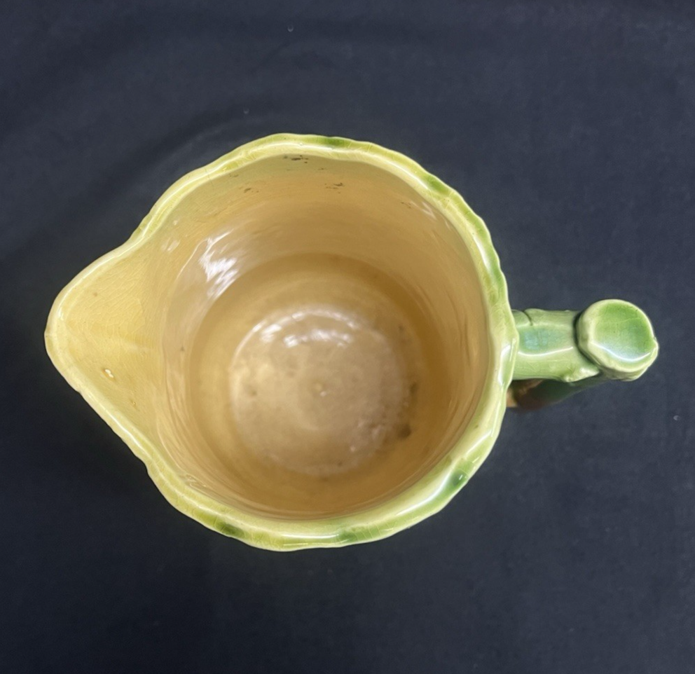 Antique Majolica Oak Leaf & Acorn Green Into Brown Glazed Pitcher 6.5"