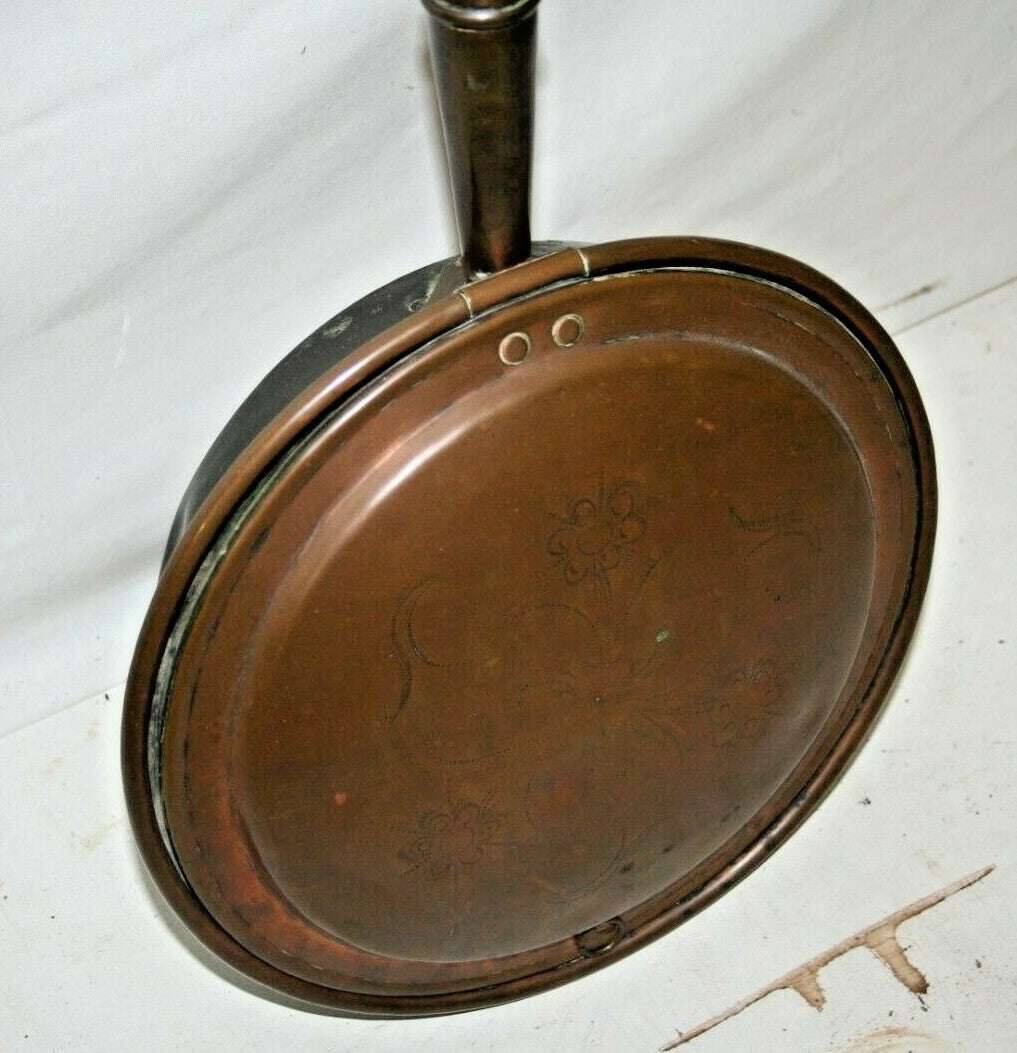 Antique French Copper Bed Warmer Handmade 200 years ago Etched Lid 41" Handle