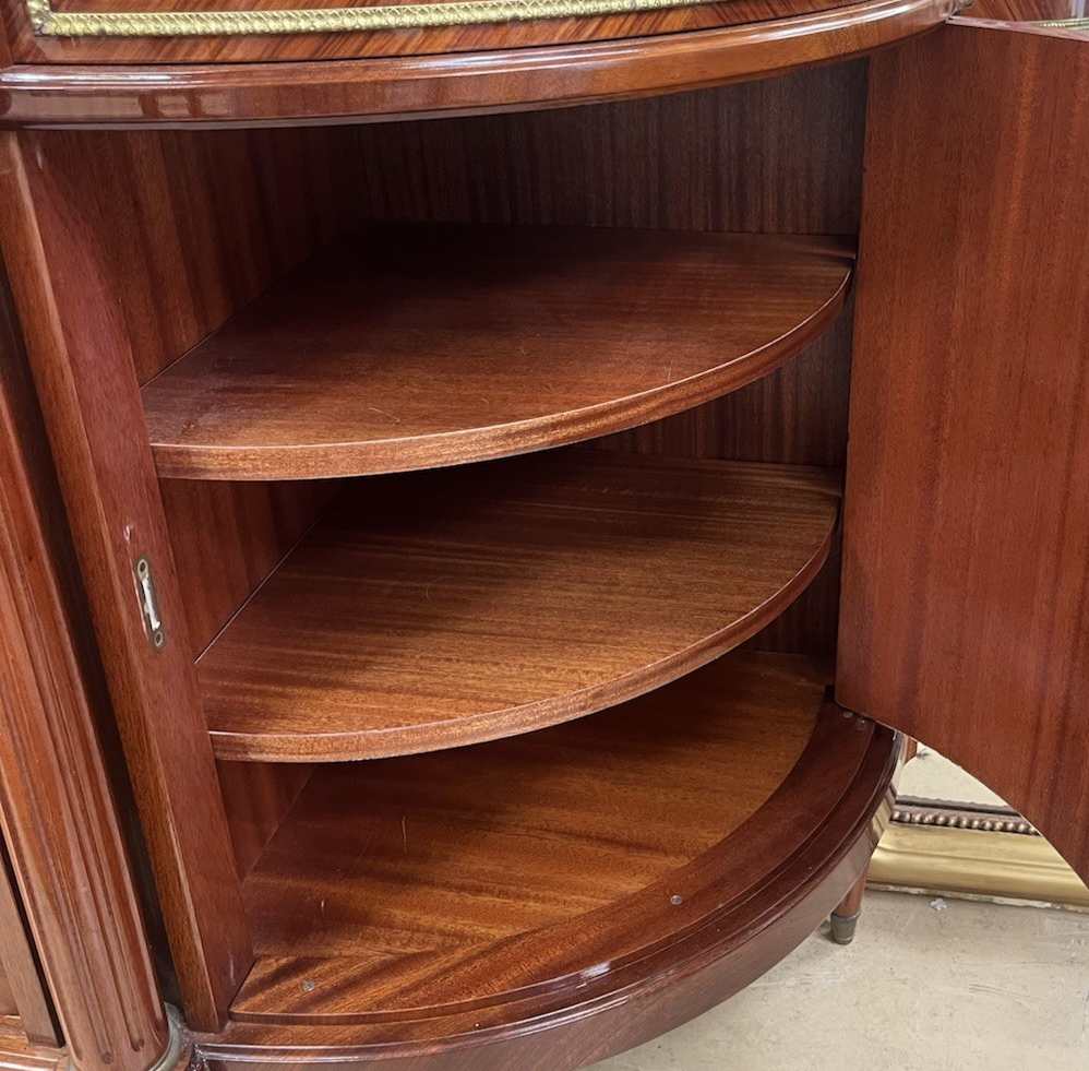 FRENCH LOUIS XVI MARBLE-TOP LACQUERED MARQUETRY DEMILUNE ENFILADE SIDEBOARD 105"